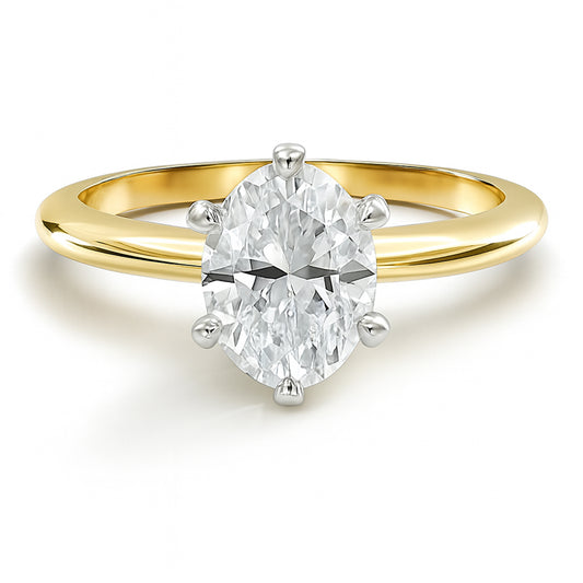 Oval cut diamond yellow gold six prong solitaire engagement ring front view