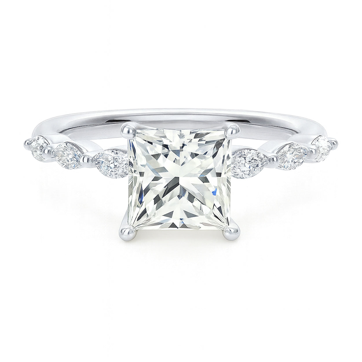 Princess cut diamond white gold marquise accent engagement ring front view