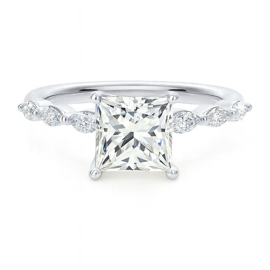 Princess cut diamond white gold marquise accent engagement ring front view