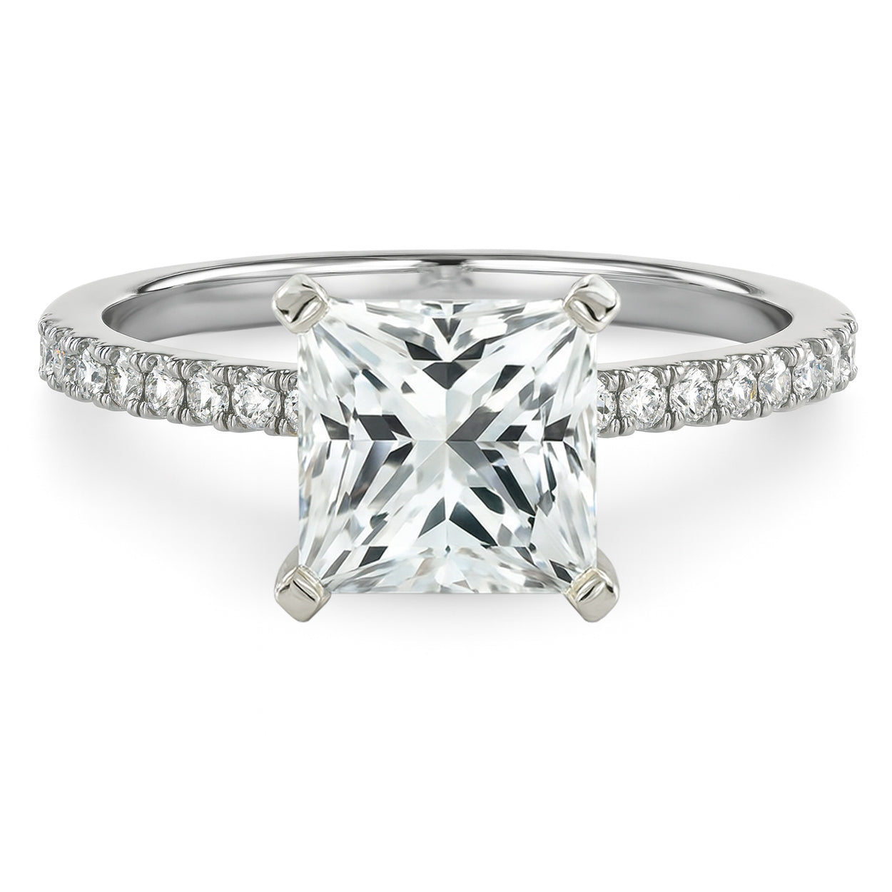 Princess cut diamond white gold pave band engagement ring front view