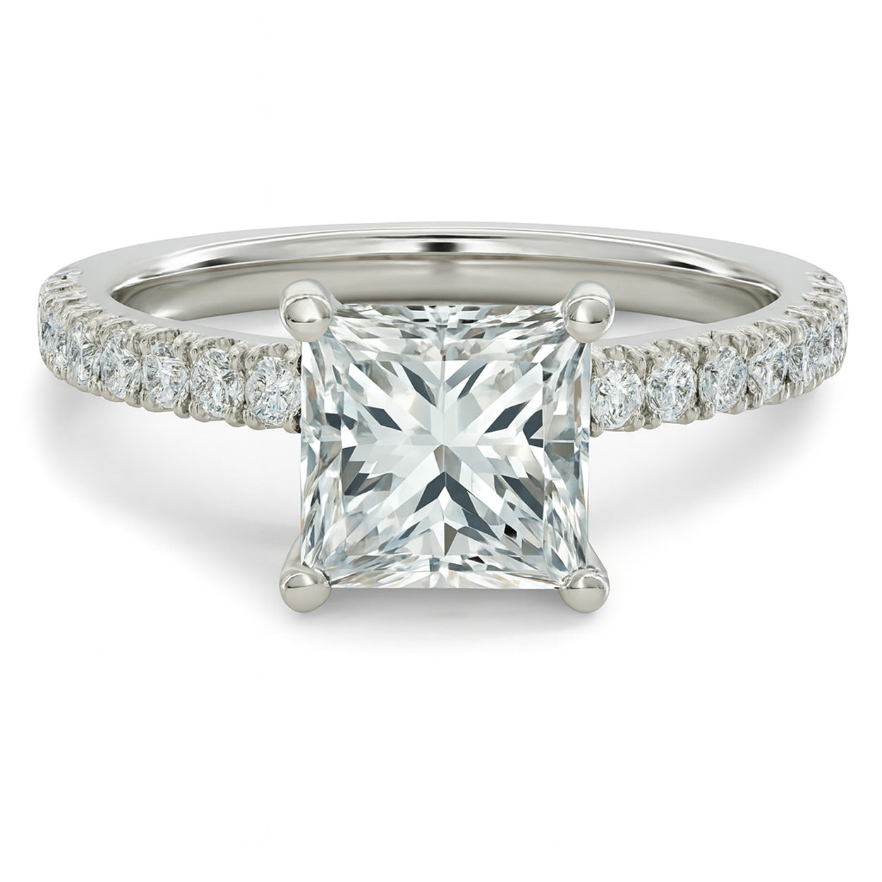 Princess cut diamond white gold petite French pave engagement ring front view