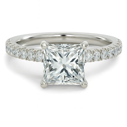 Princess cut diamond white gold petite French pave engagement ring front view