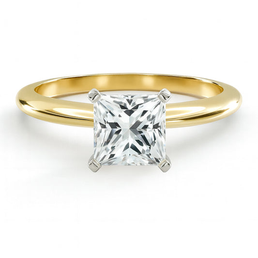 Princess cut diamond yellow gold classic solitaire engagement ring front view
