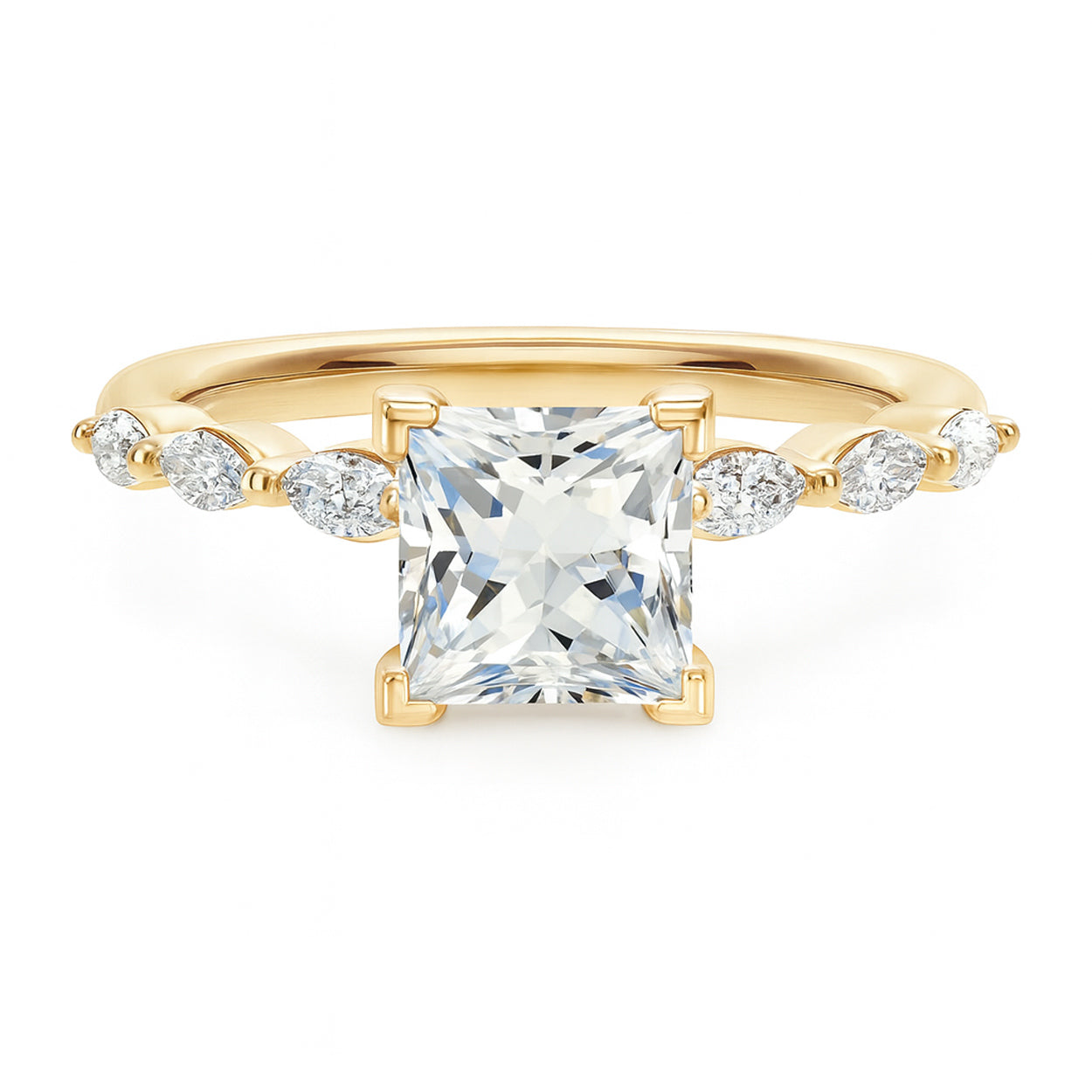 Princess cut diamond yellow gold marquise accent engagement ring front view