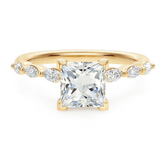 Princess cut diamond yellow gold marquise accent engagement ring front view