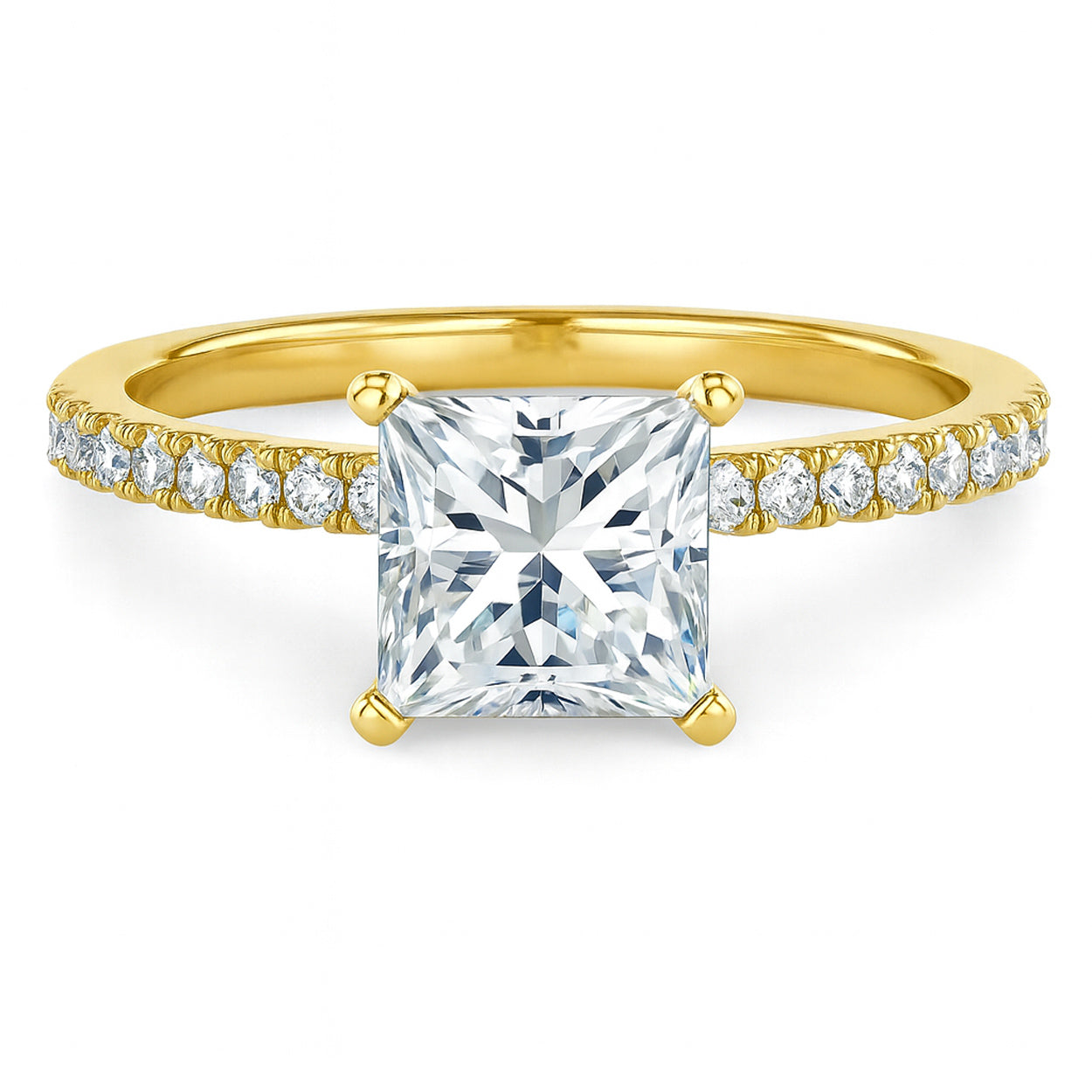 Princess cut diamond yellow gold pave band engagement ring front view