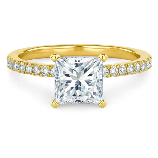 Princess cut diamond yellow gold pave band engagement ring front view