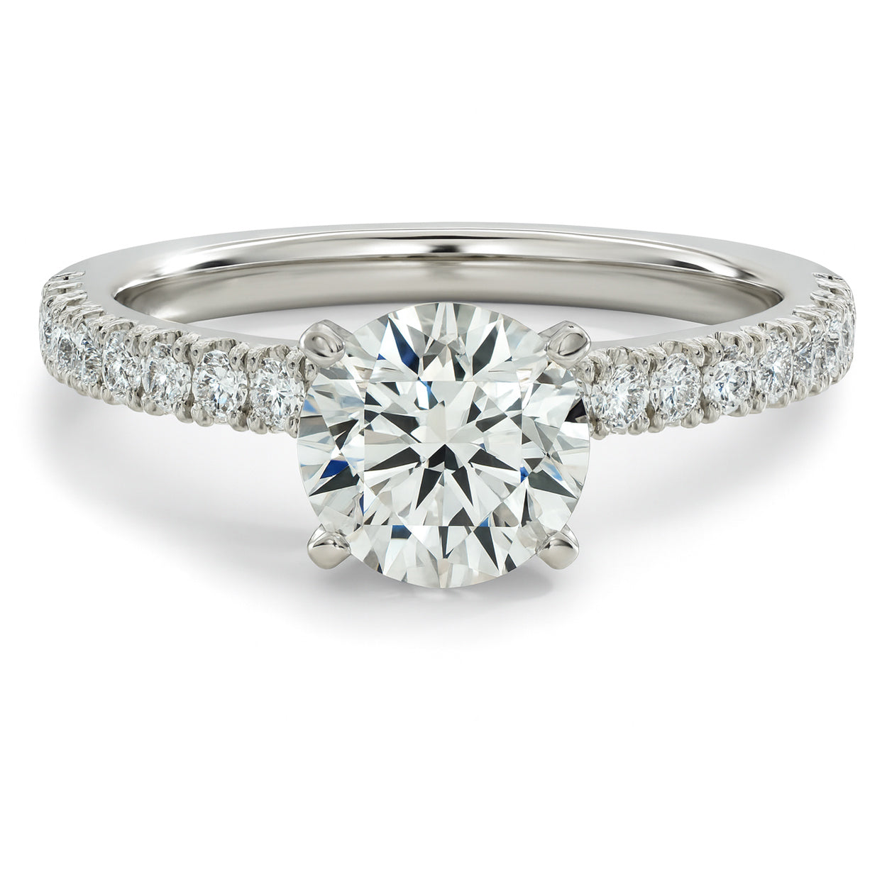 Round cut diamond white gold French pave engagement ring front view