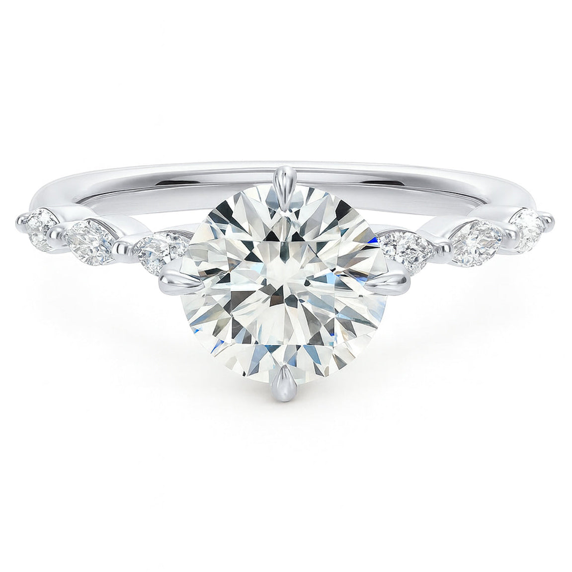 Round cut diamond white gold marquise accent engagement ring front view