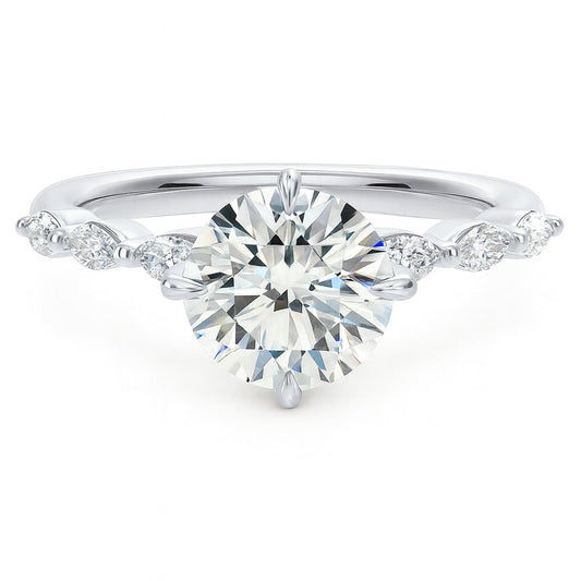 Round cut diamond white gold marquise accent engagement ring front view