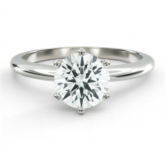 Round cut diamond white gold six prong solitaire engagement ring front view