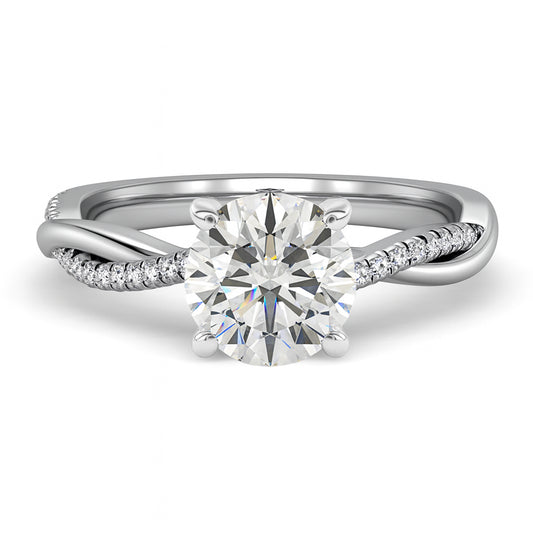 Round cut diamond white gold twist band engagement ring front view