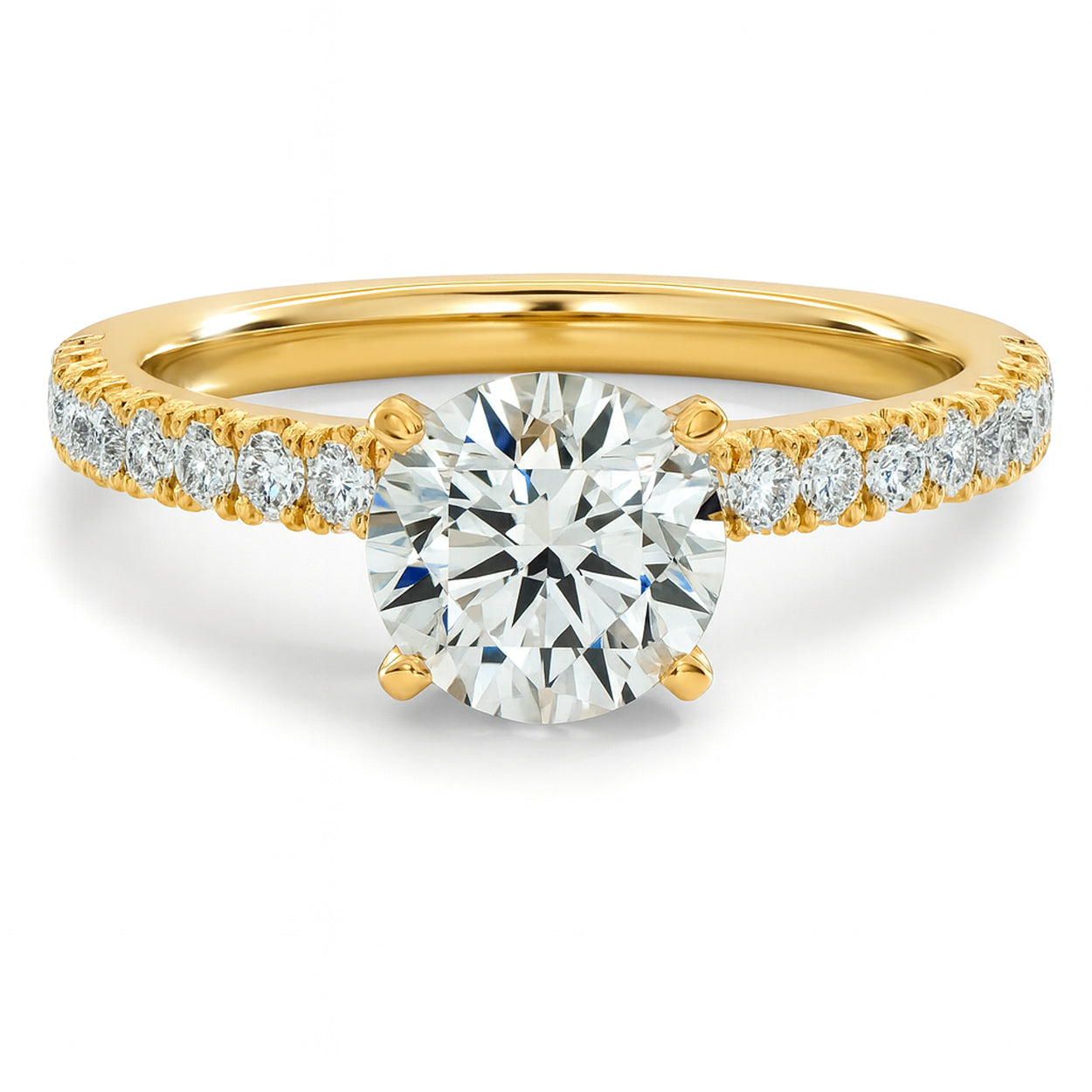 Round cut diamond yellow gold French pave engagement ring front view