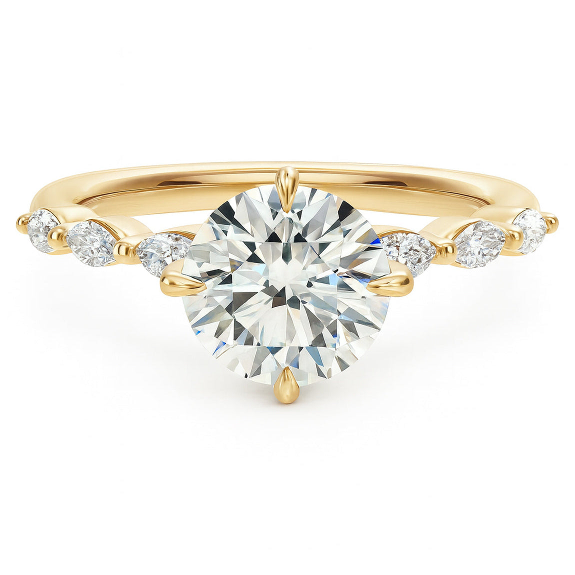 Round cut diamond yellow gold marquise accent engagement ring front view
