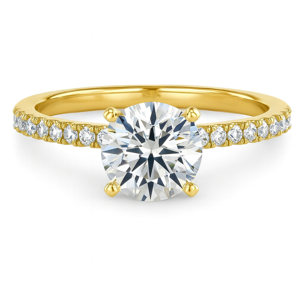 Round cut diamond yellow gold pave band engagement ring front view