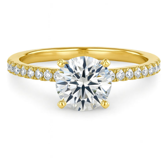 Round cut diamond yellow gold pave band engagement ring front view