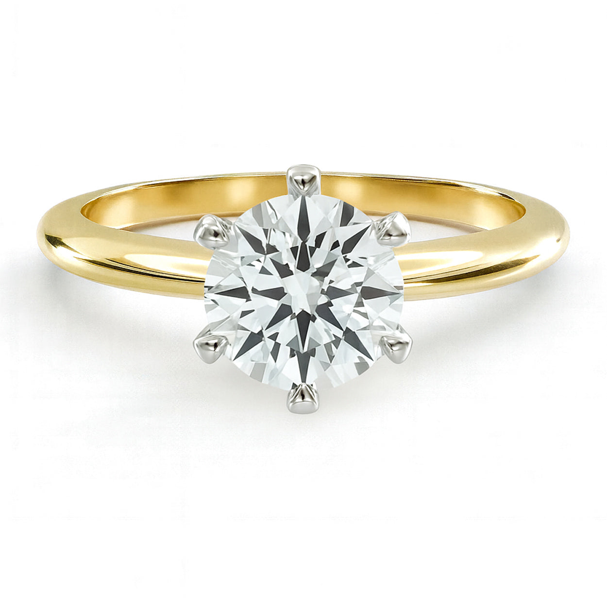 Round cut diamond yellow gold six prong solitaire engagement ring front view