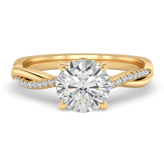 Round cut diamond yellow gold twist band engagement ring front view