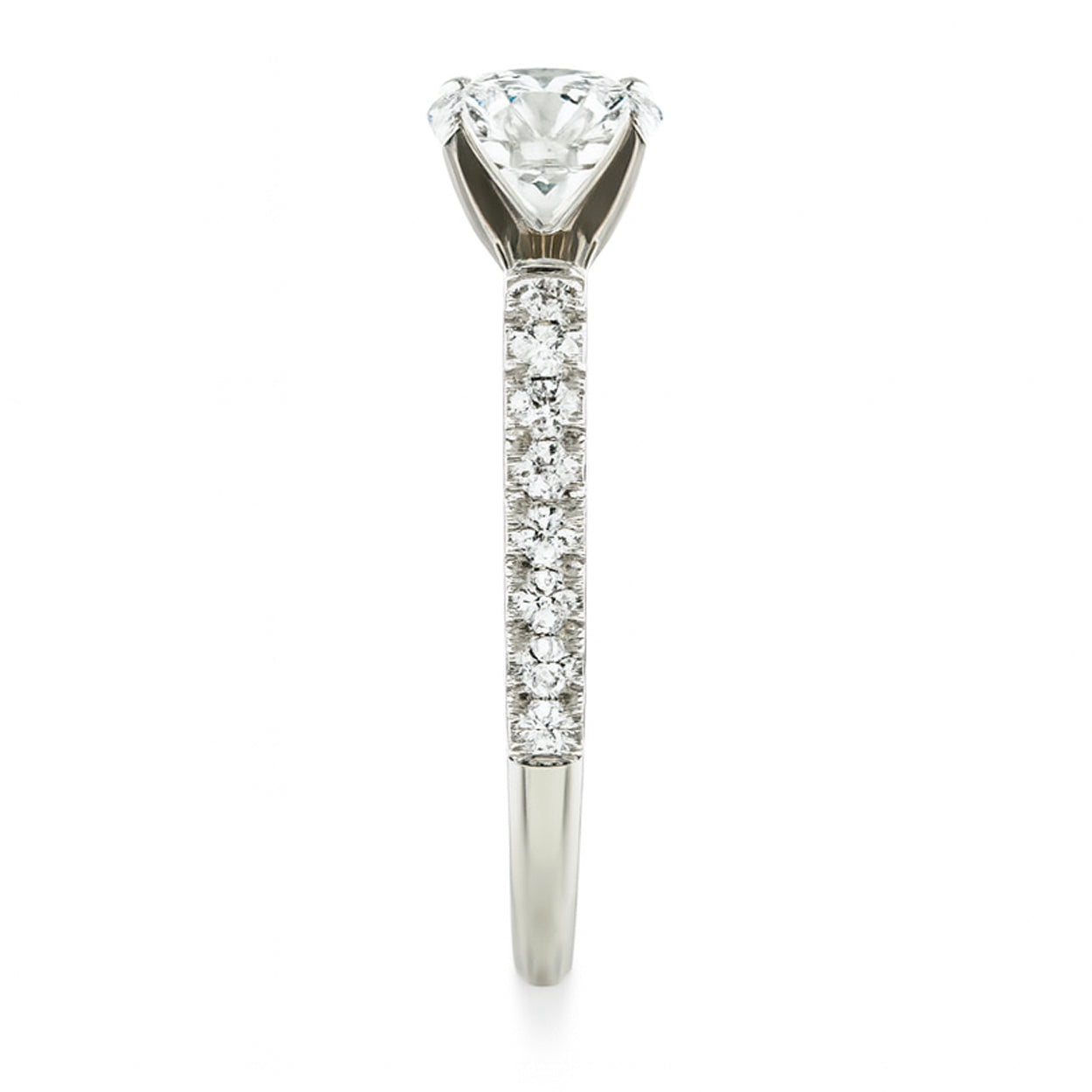 White gold diamond engagement ring side view showing pavé band design