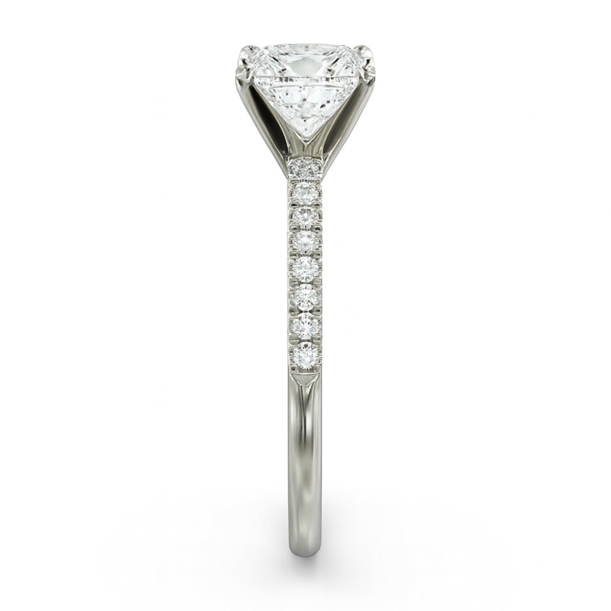White gold diamond engagement ring thin profile view highlighting pavé details