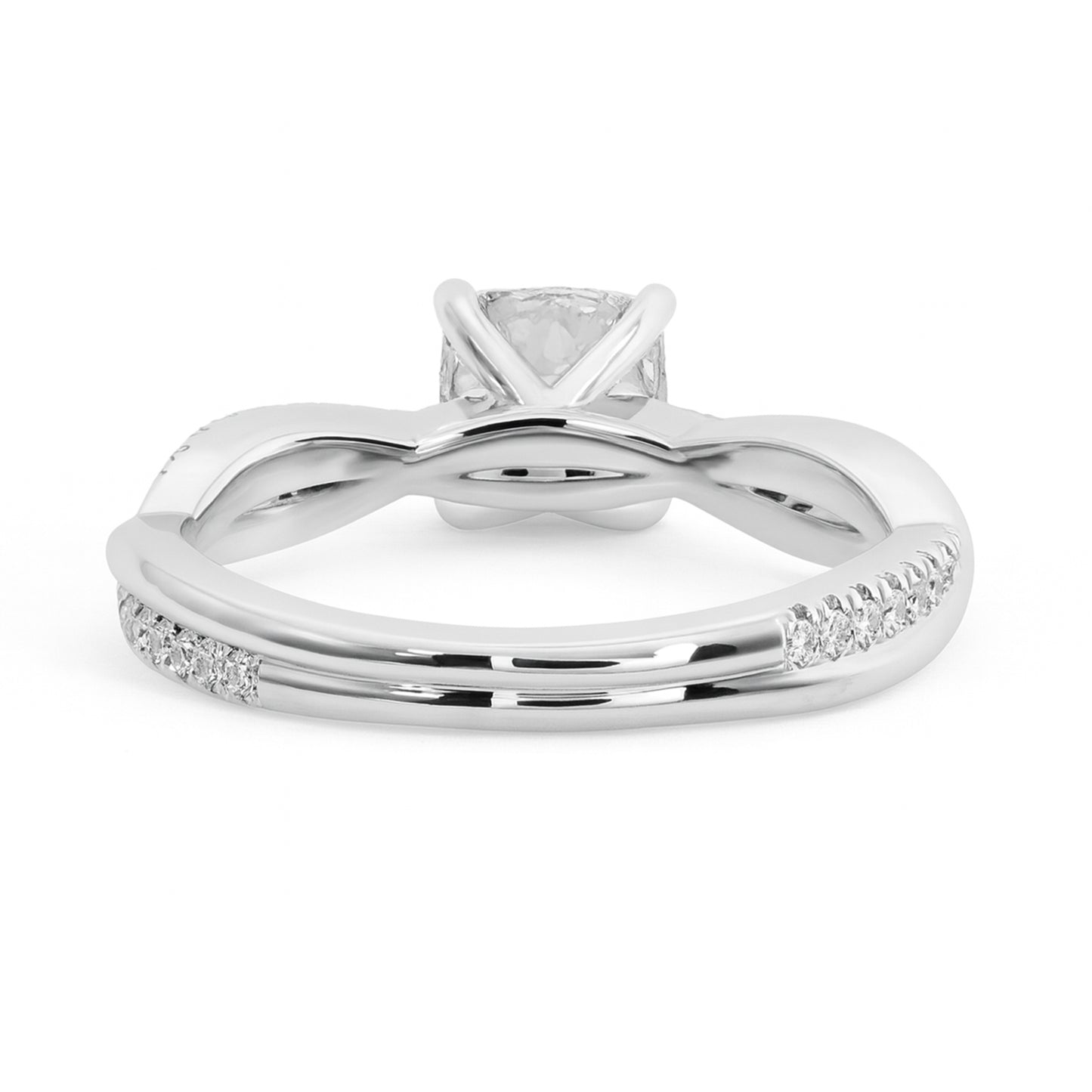 White gold twist band diamond engagement ring back view showing intertwined design