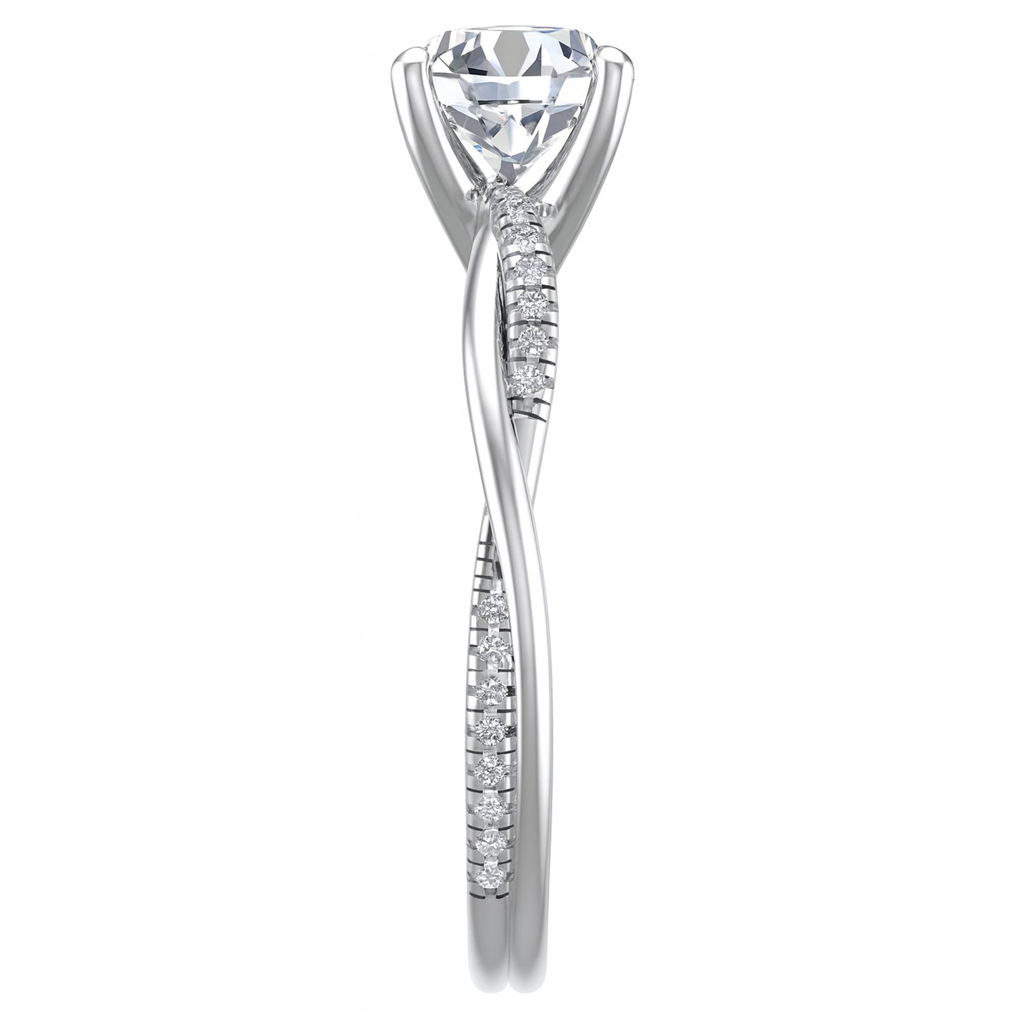 White gold twist band diamond engagement ring profile view showing crossover design