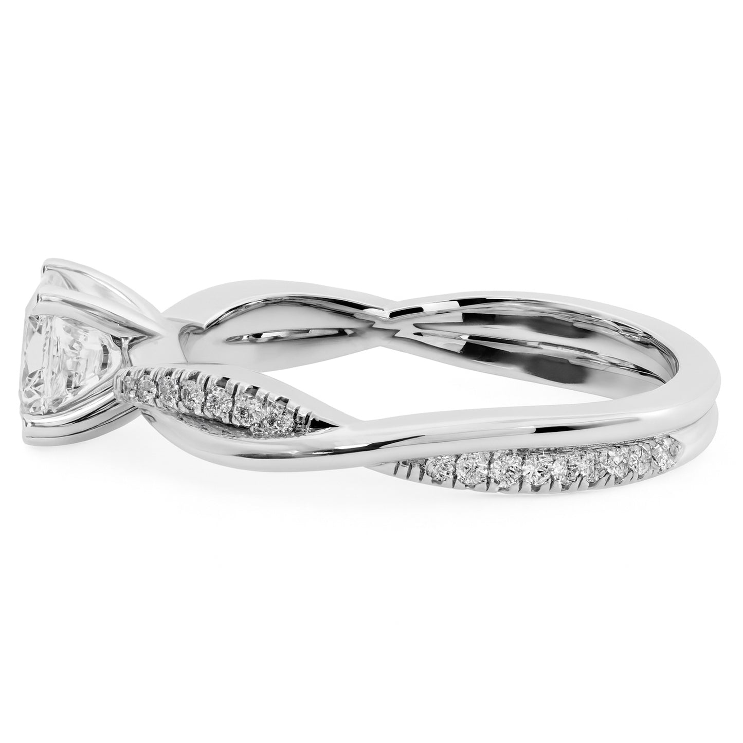 White gold twist band diamond engagement ring side view highlighting pavé setting