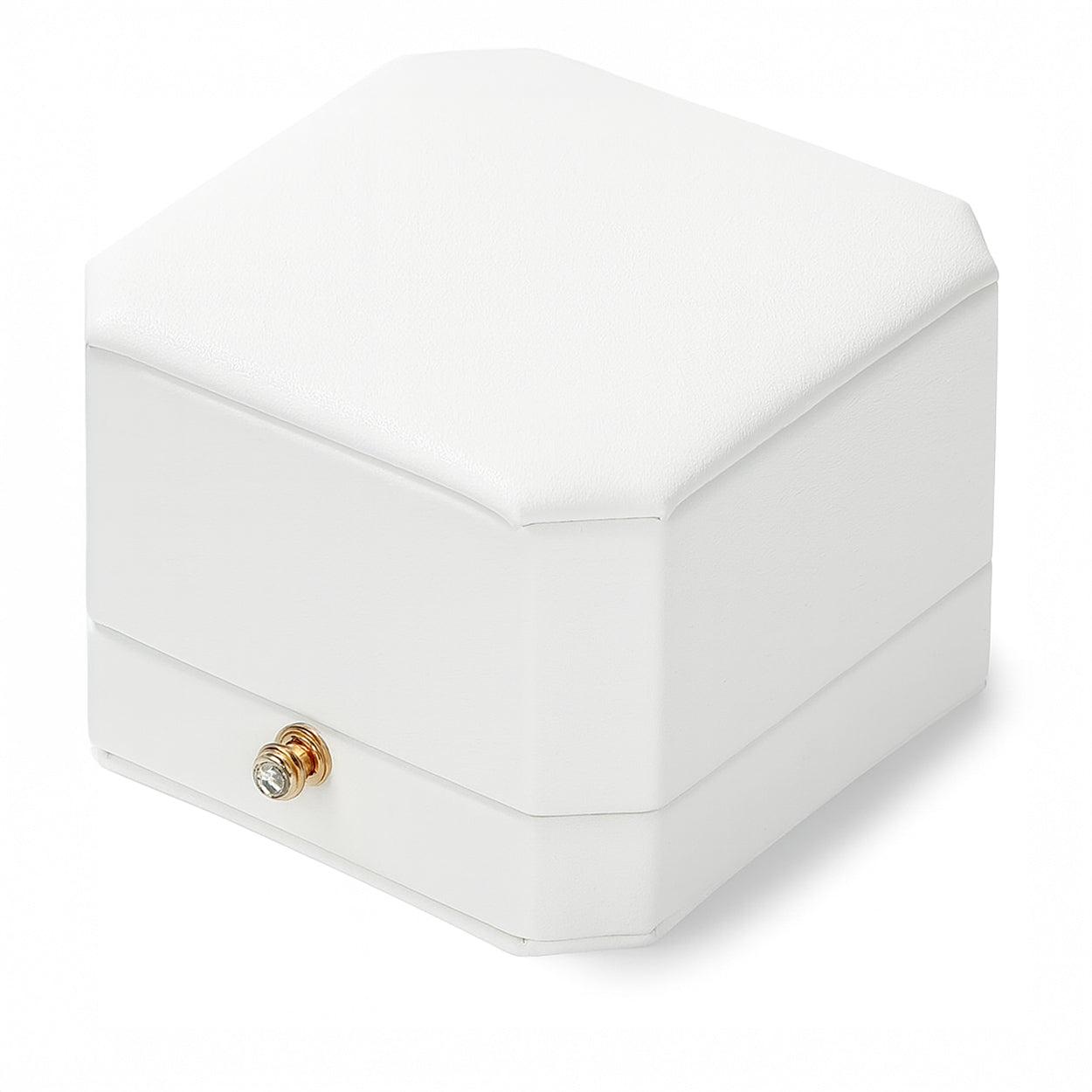 Closed white luxury ring box with diamond button detail